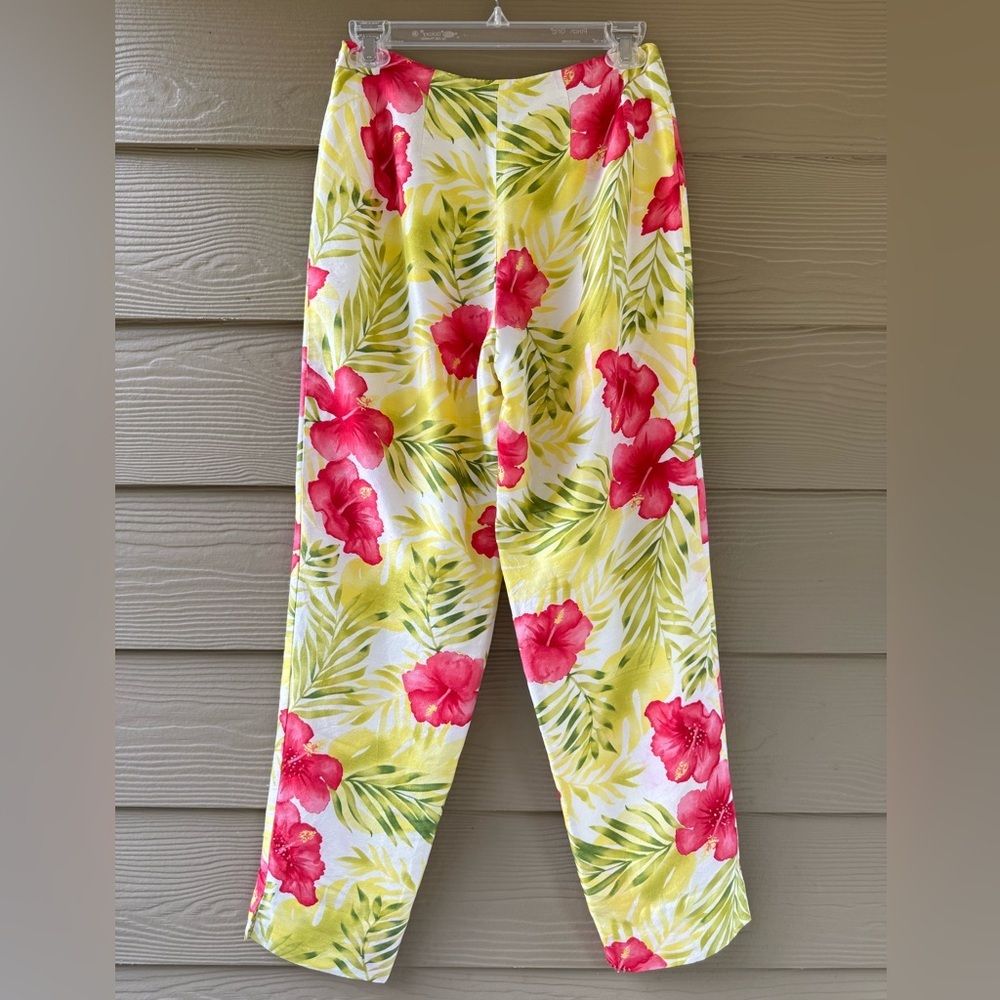 BetU 100% SILK Yellow Pink Floral Beaded Lined Tropical Summer Pants Size 4 - Picture 5 of 10